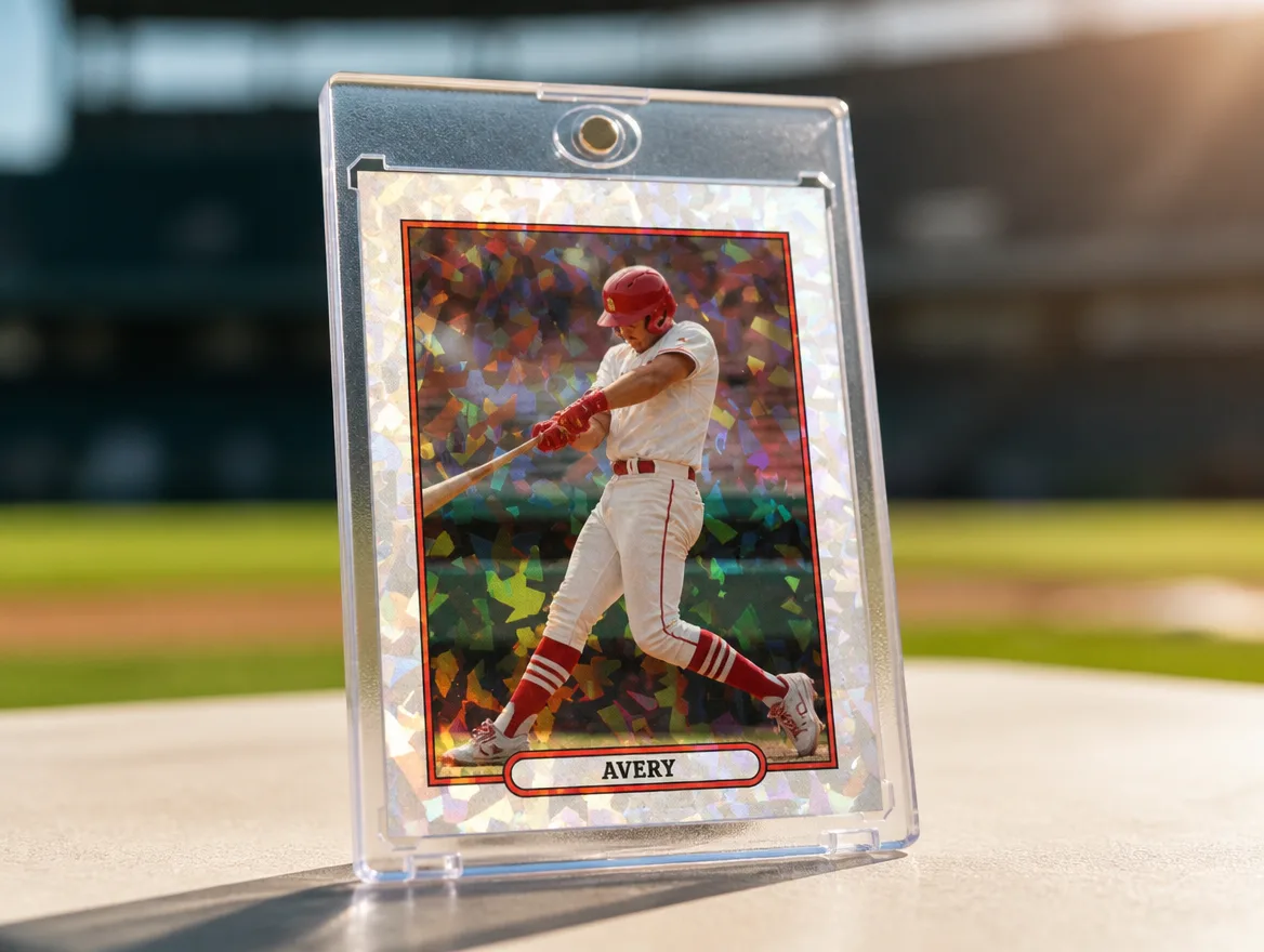 Custom premium baseball trading card displayed in a magnetic case