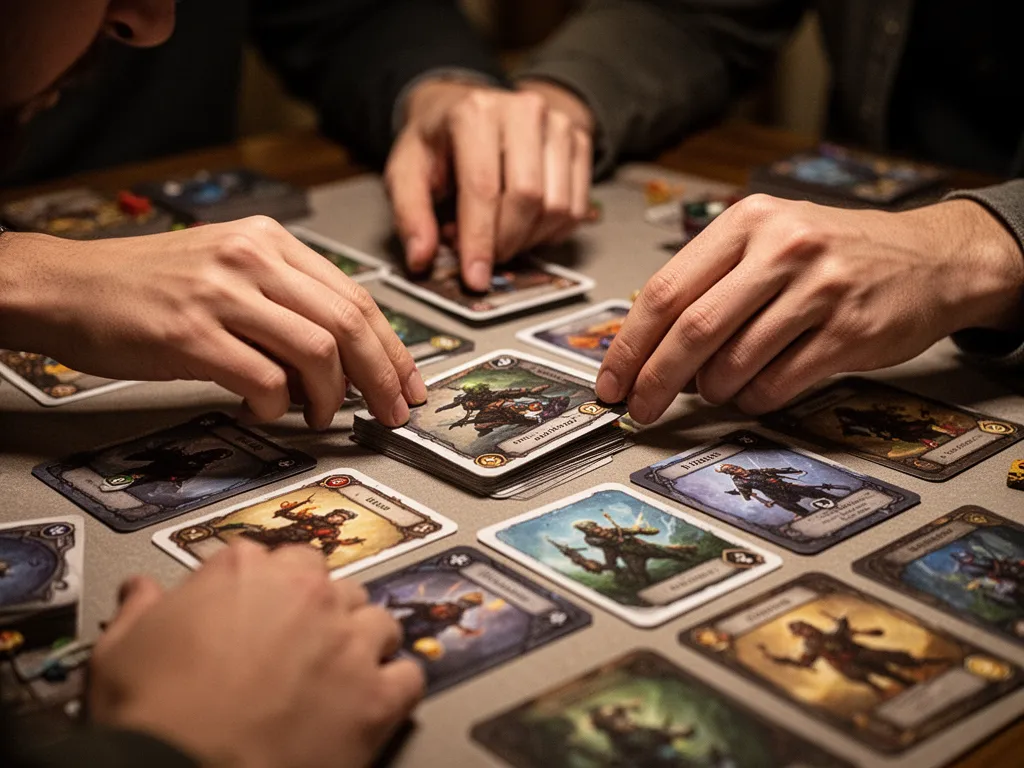 [Close-up of player hands strategically placing cards during competitive custom trading card game]