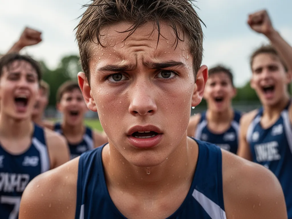 [Young athlete's determined face during intense competition with supportive teammates visible in background]