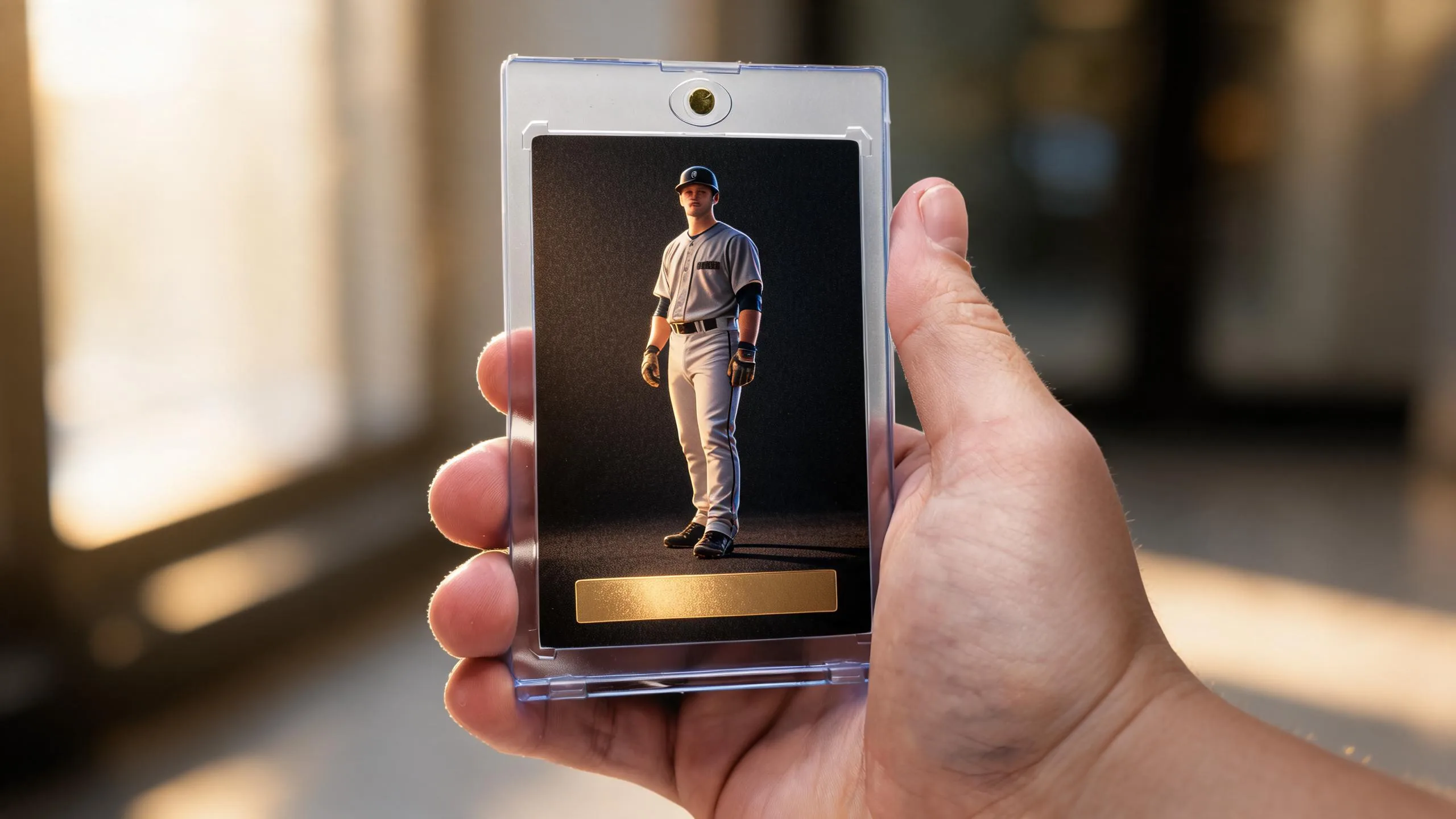 Hand holding custom trading card packaging, a magnetic case with a premium foil-accented card