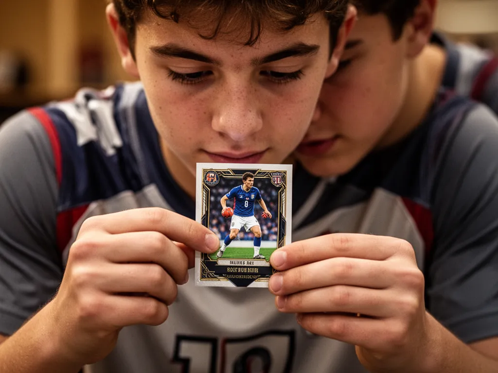 Young athlete's hands examining a custom sports card with concentrated pride and emotion