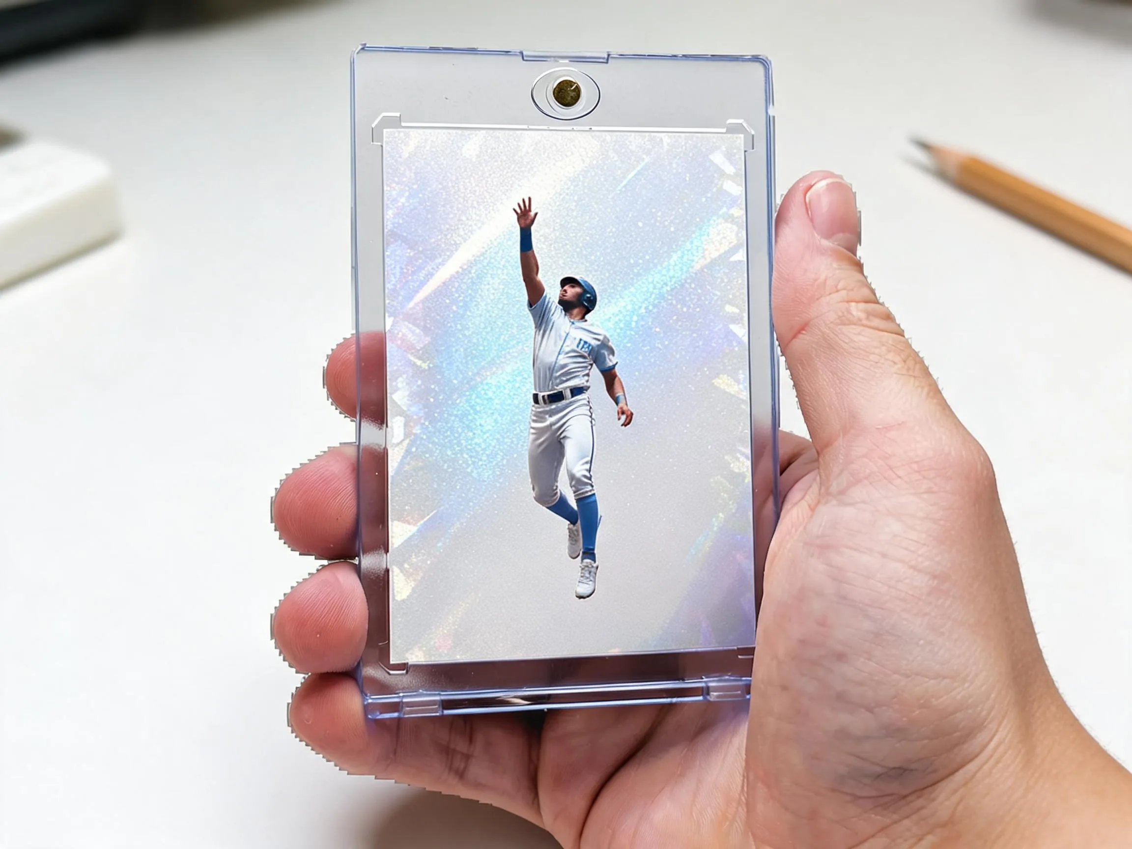 Custom keepsake trading card in a clear magnetic case on a white tabletop