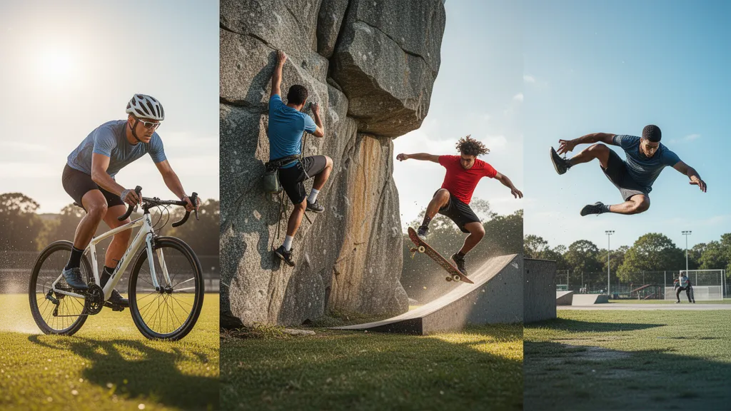 Multiple athletes competing in different sports captured mid-action in outdoor natural daylight