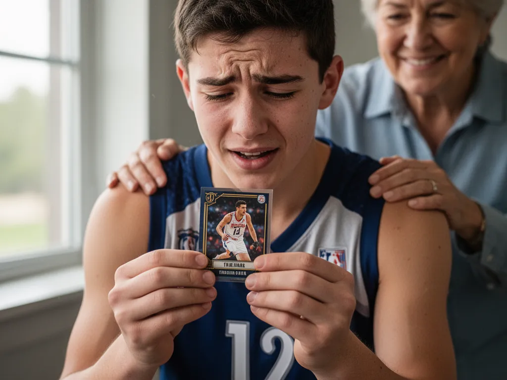 Young athlete emotionally holding their personalized trading card with proud family member nearby
