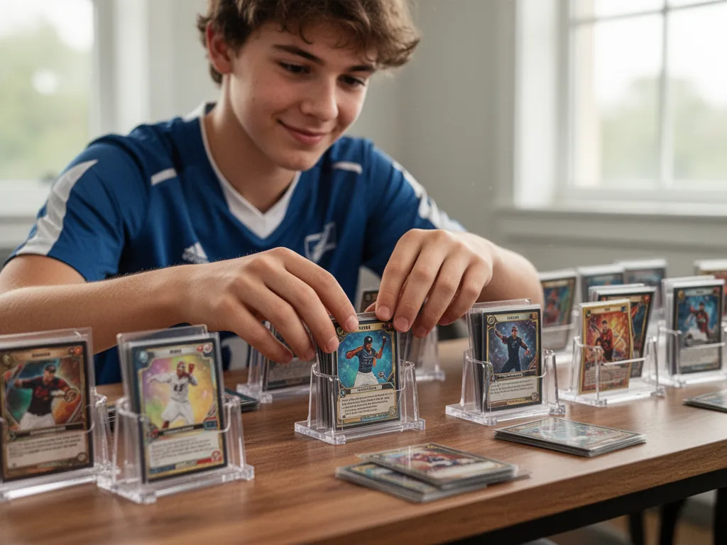 Young athlete's hands thoughtfully arranging custom trading card stands on a wooden display surface.
