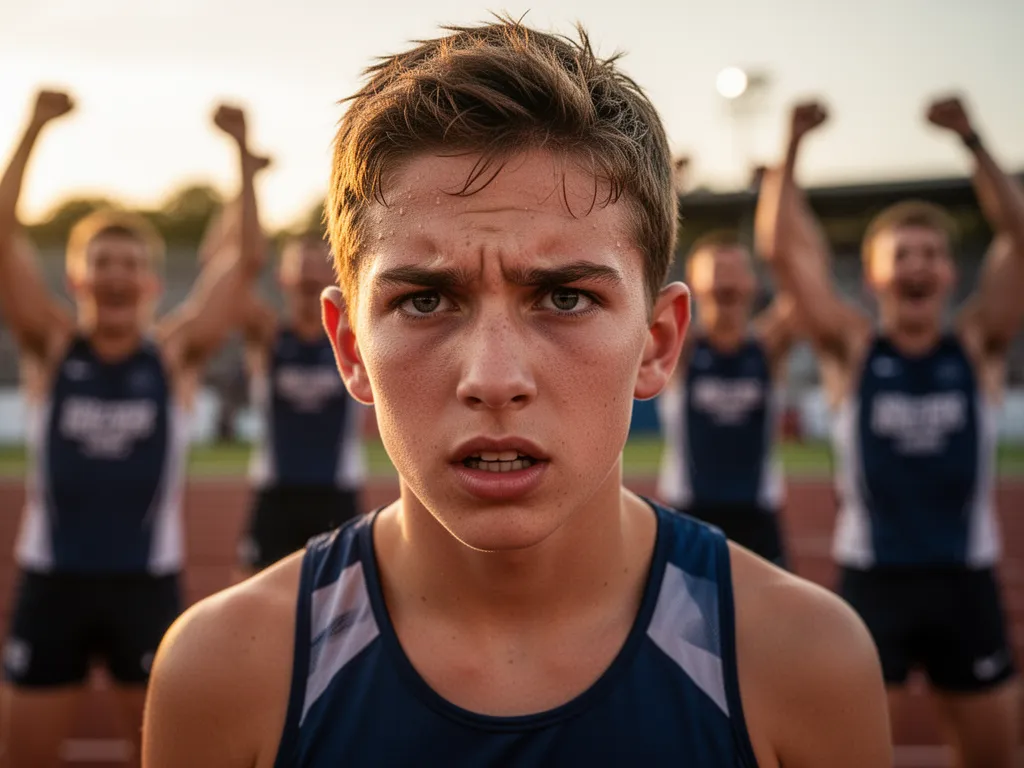 [Young athlete's focused expression with celebrating teammates blurred behind in golden light]