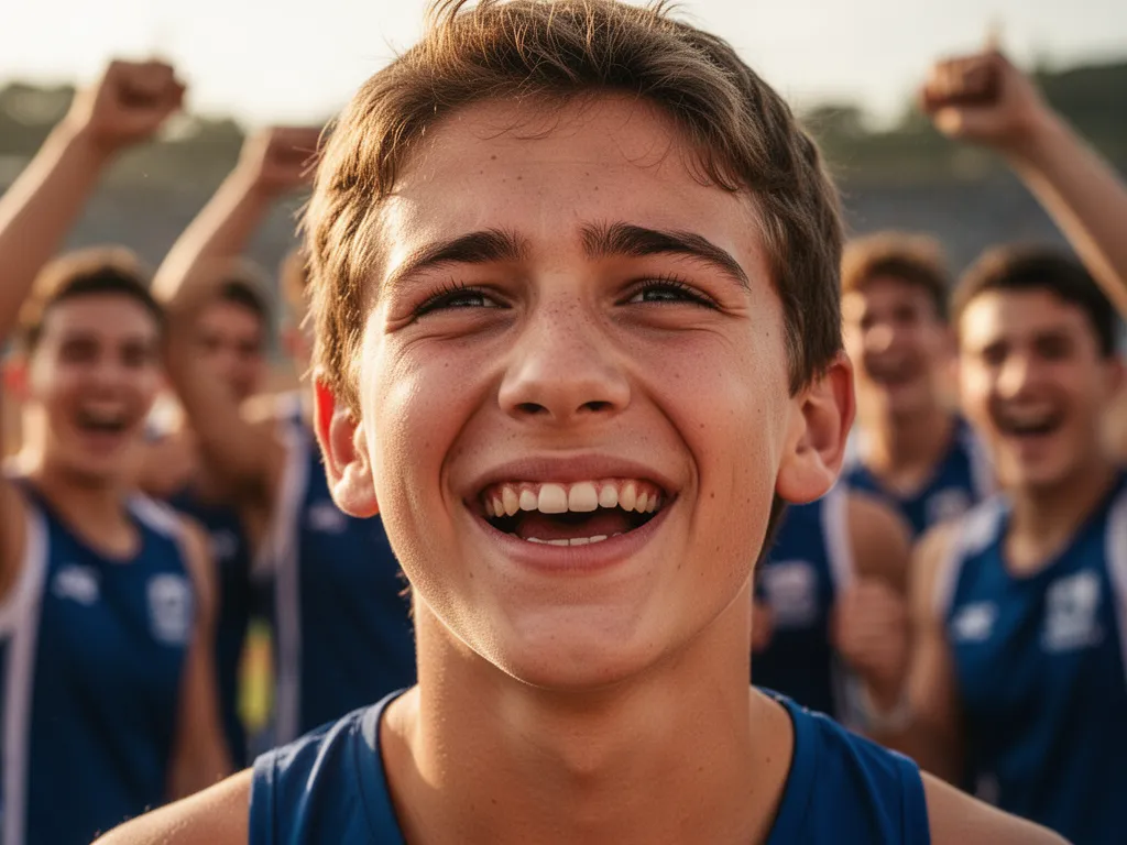 Young athlete displaying pride and emotion with celebrating teammates blurred in background