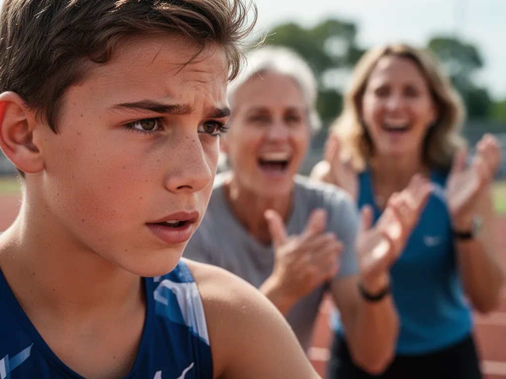 [Young athlete's concentrated face during competition with proud family members supporting in background]