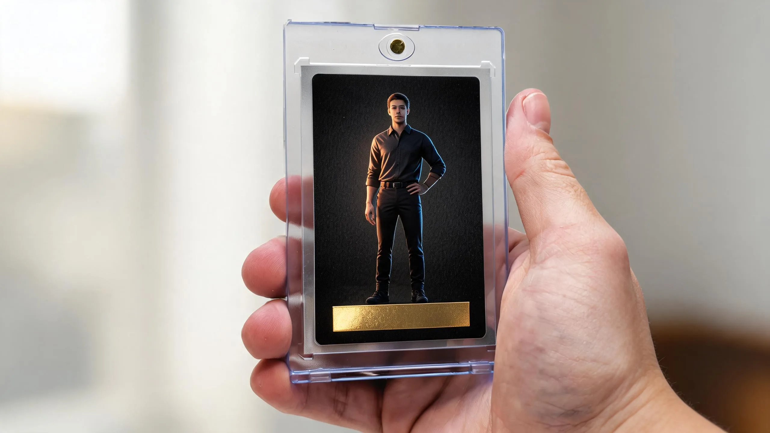Hand holds magnetic case with premium dark custom trading card — custom trading cards no minimum.