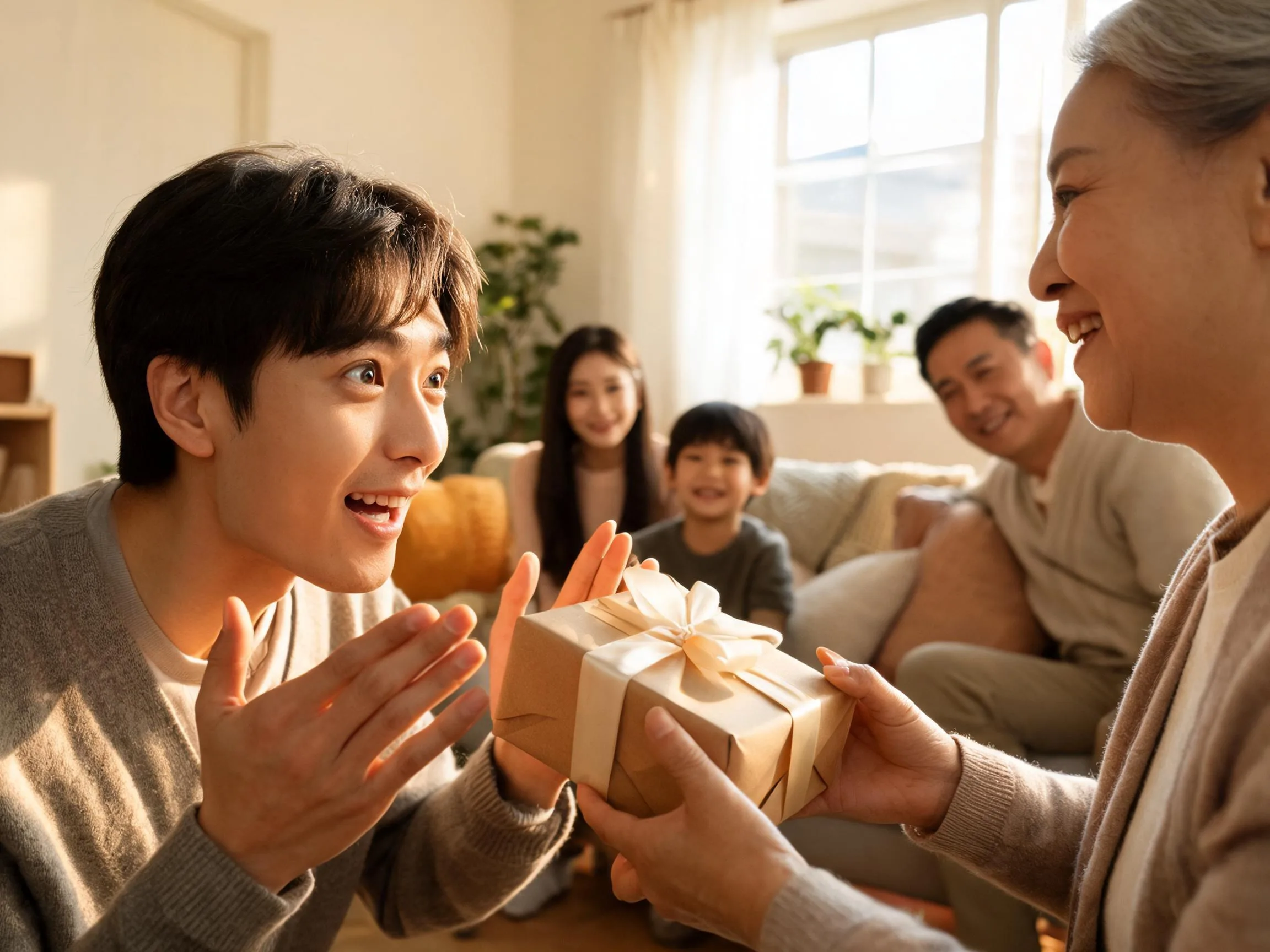 Person reacting with joyful surprise while being handed an unexpected wrapped gift indoors.
