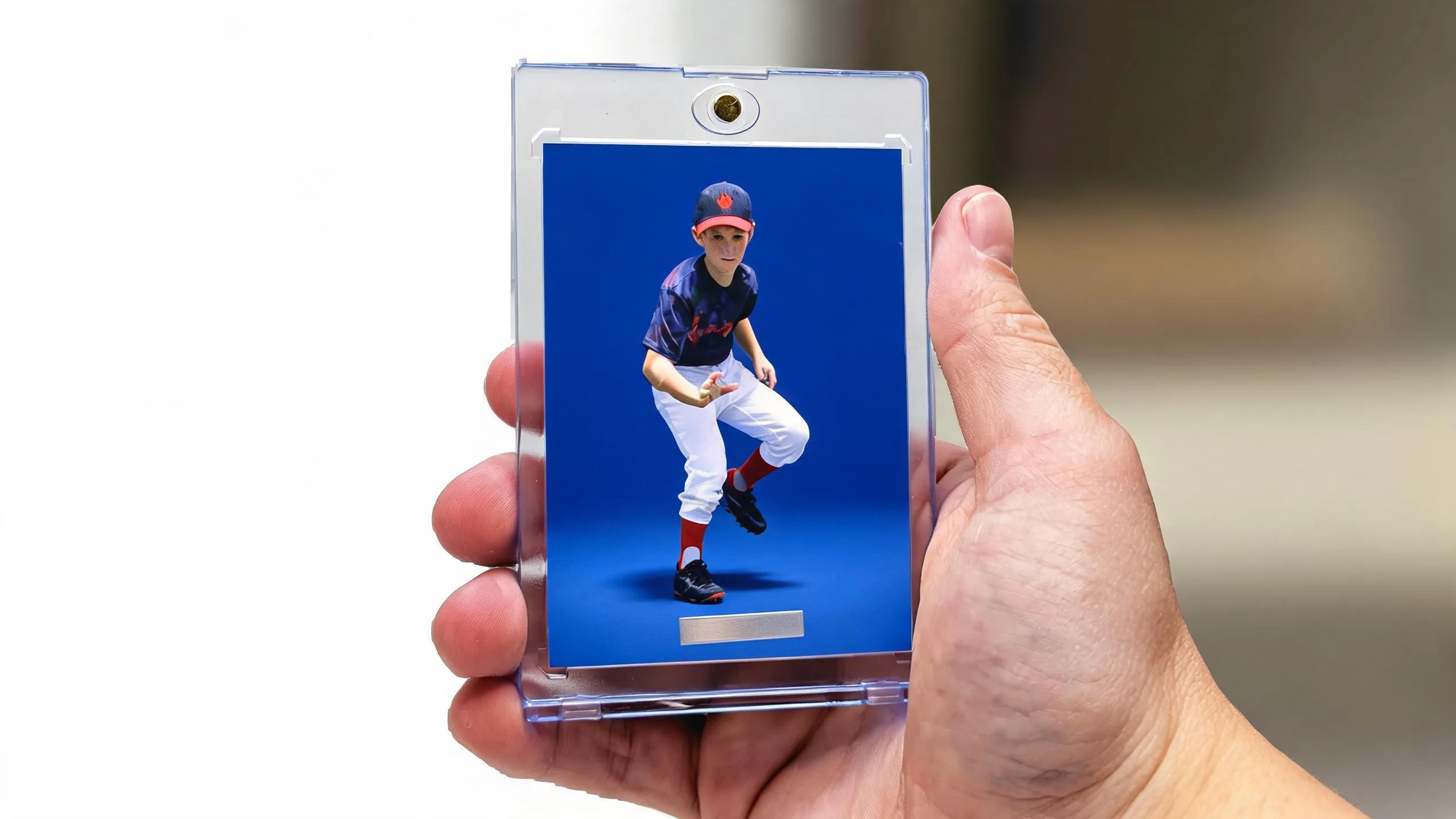 Hand holding custom trading cards printing sample in clear magnetic case, athlete design, studio light