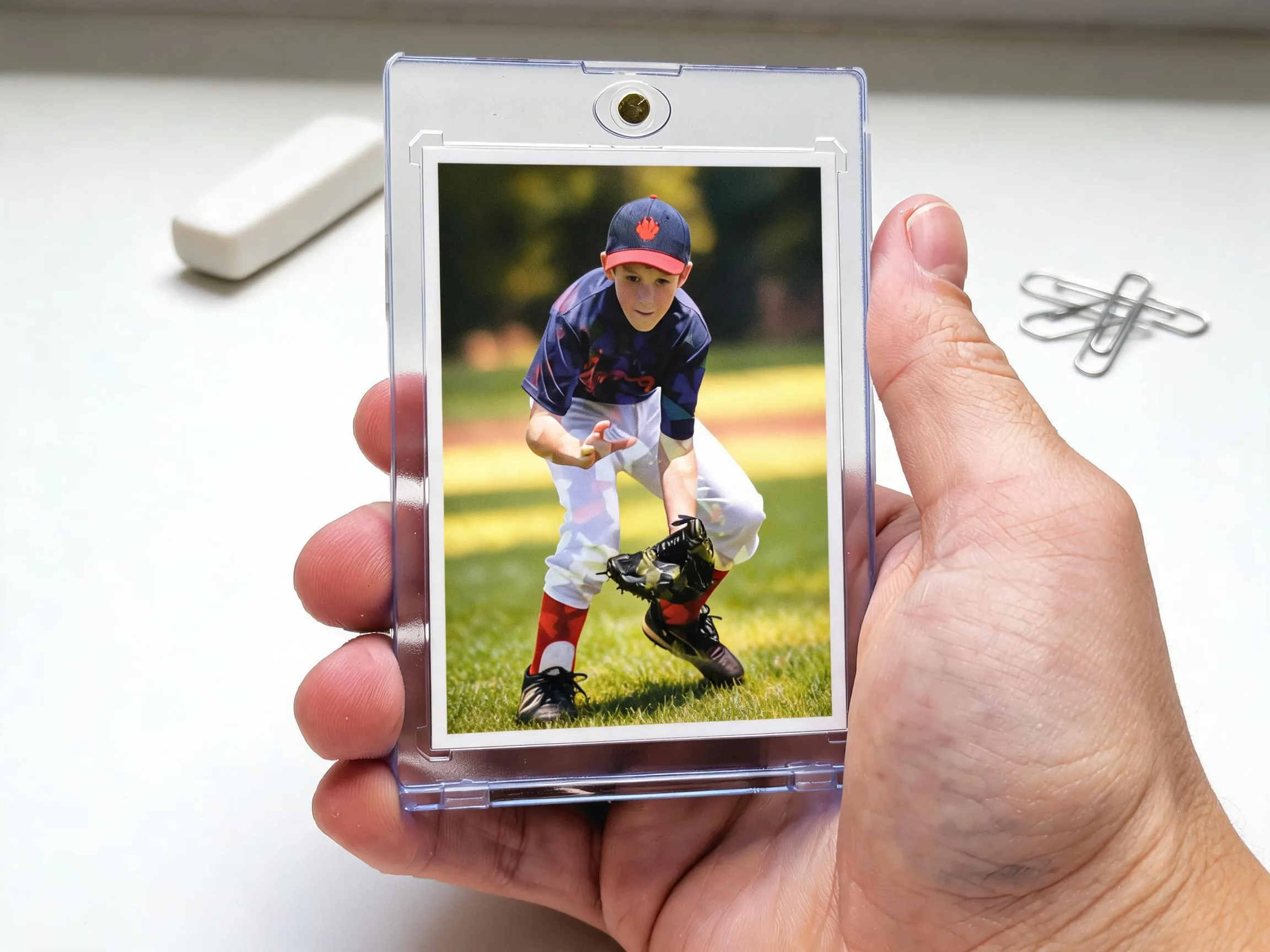 Custom keepsake trading card in magnetic case, outdoor action design, held in hand