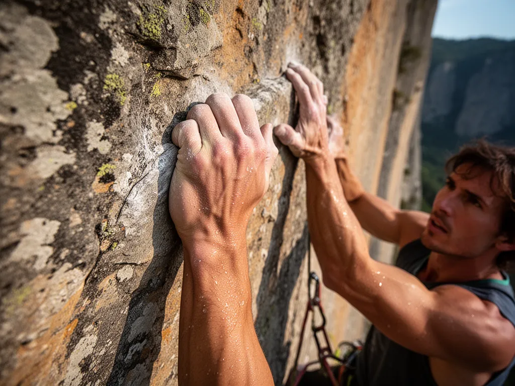 [Close-up of athlete's hands gripping rock wall during outdoor climbing with natural sunlight]