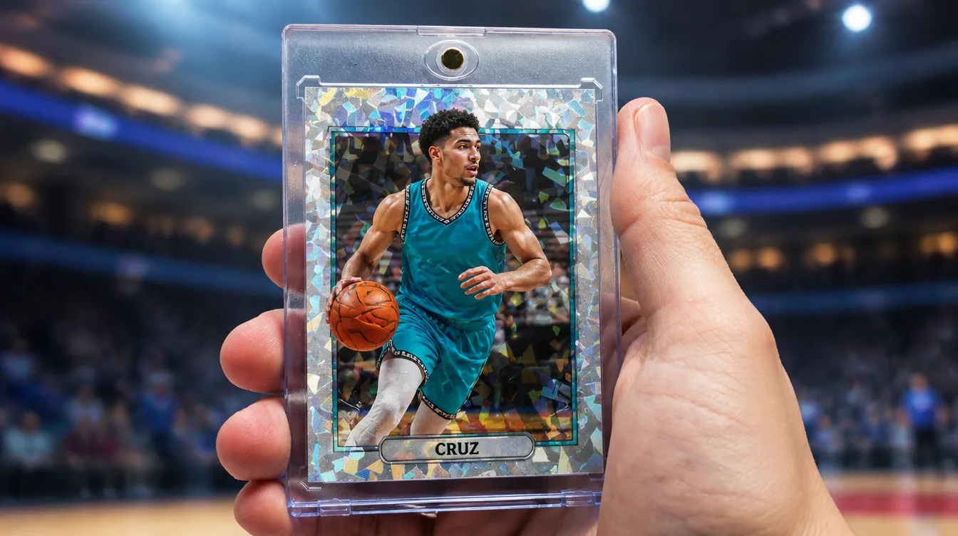 Holographic custom trading card held in a one-touch magnetic display case