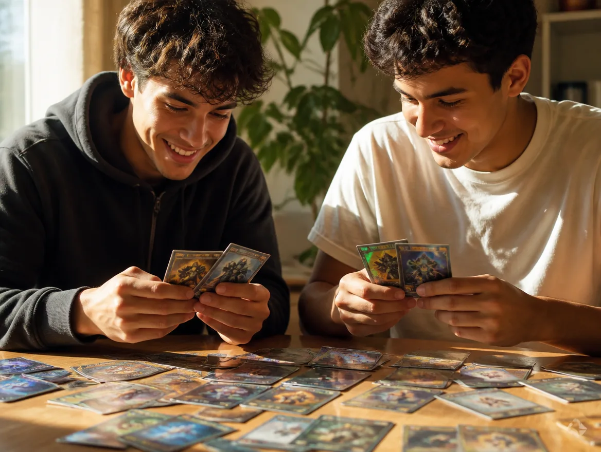 Friends looking at holographic custom trading cards together