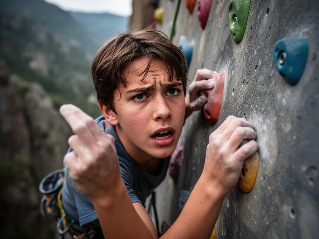 [Young rock climber's concentrated face and hands gripping climbing wall with intense focus and determination]