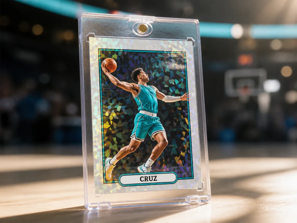 Custom trading card standing in a premium clear magnetic case