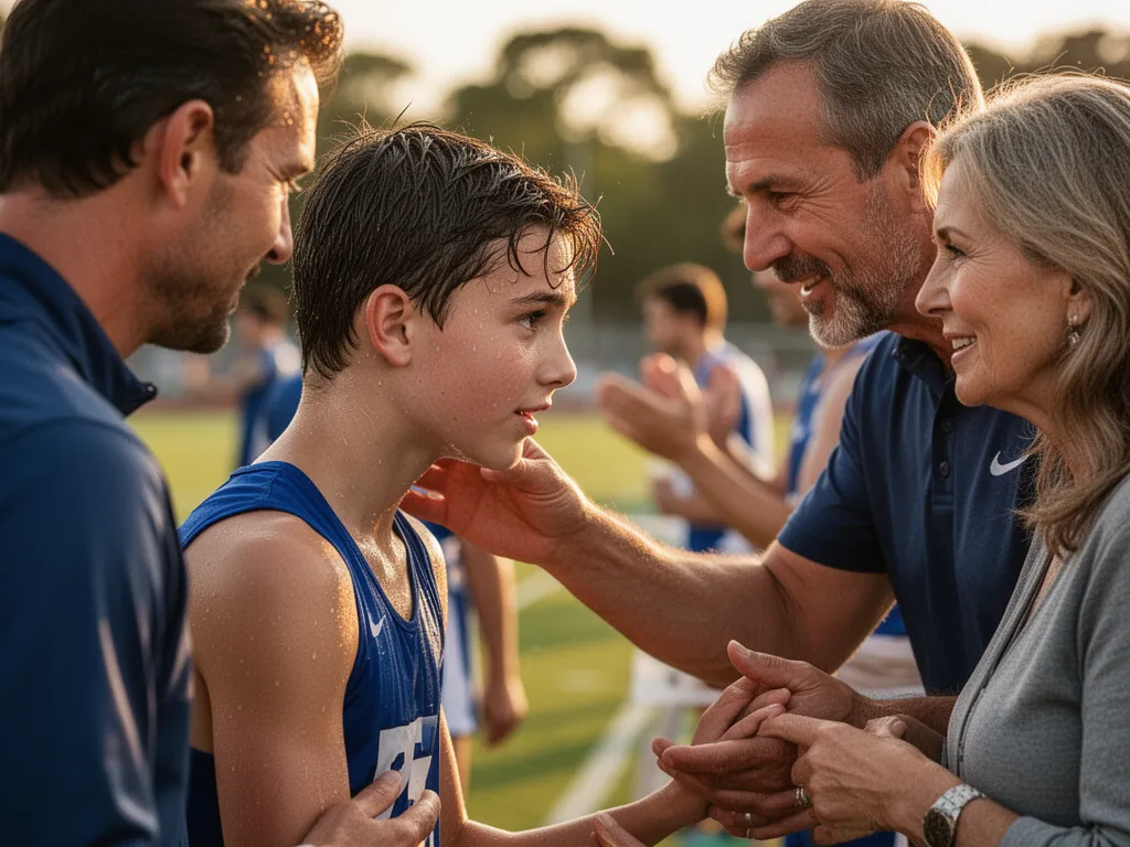 Young athlete smiling with coach and parent showing support and celebration on sideline