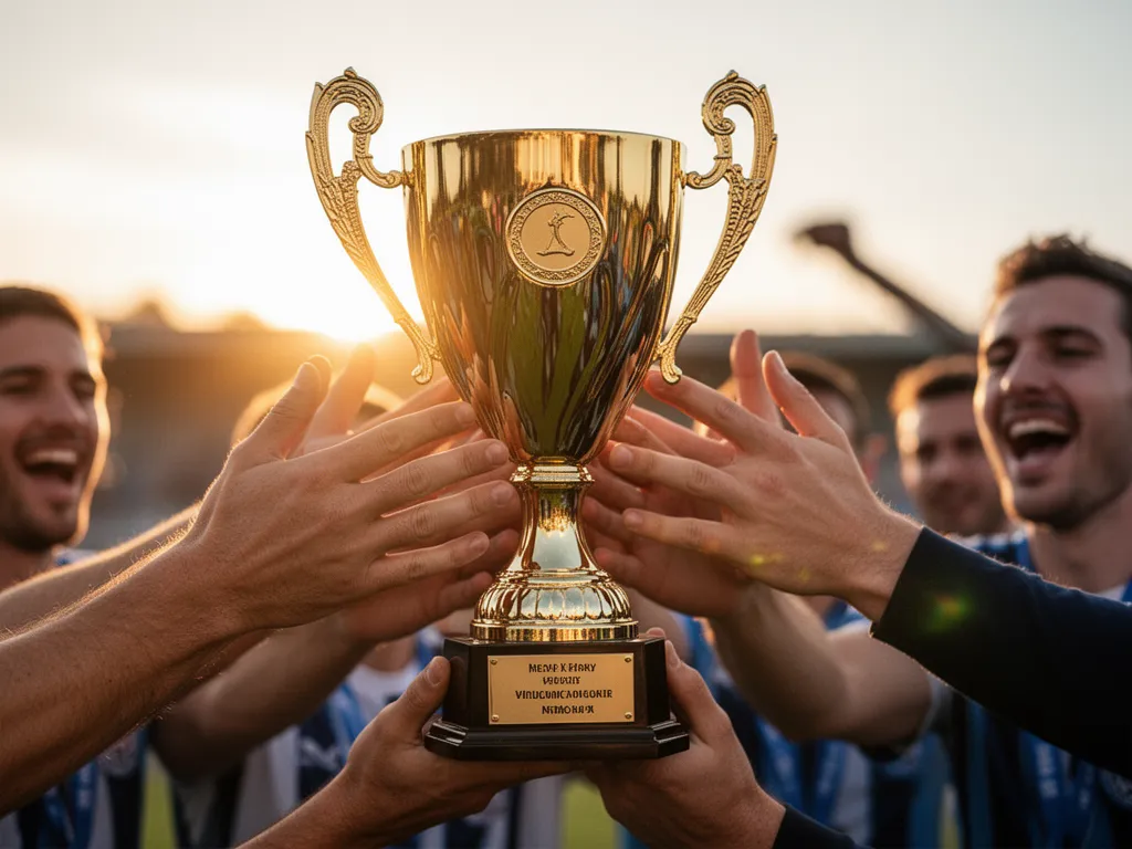 Custom trophy cup in golden light with hands reaching in celebration of athletic victory