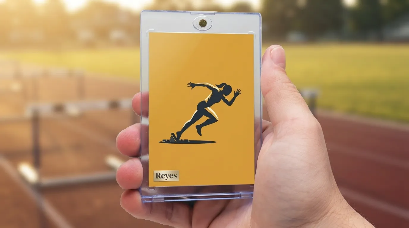 Hand holding magnetic case with custom trophy ideas trading card, sprinter cutout on gold field.
