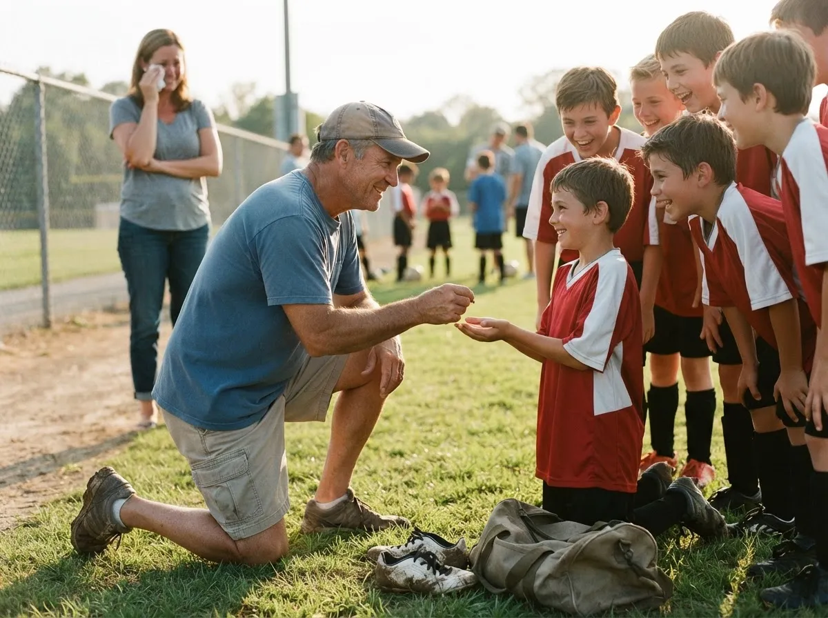 Coach kneeling to share a proud moment with young athlete as teammates celebrate on field.