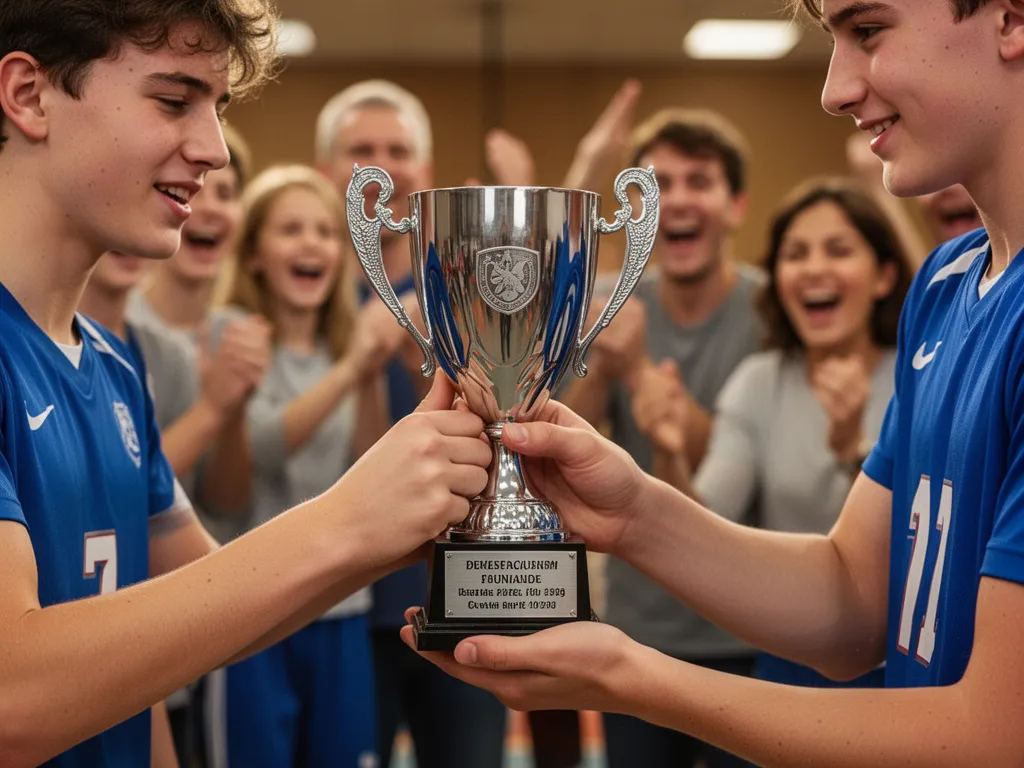 Young athlete's hands proudly holding an engraved custom trophy with celebrating family members visible in blurred background