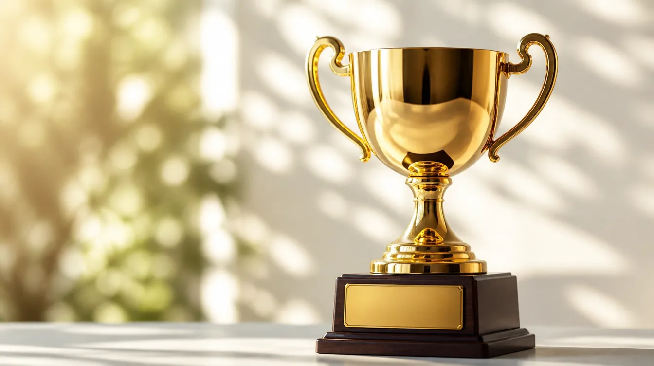 Elegant gold trophy from a custom trophy maker displayed on a desk