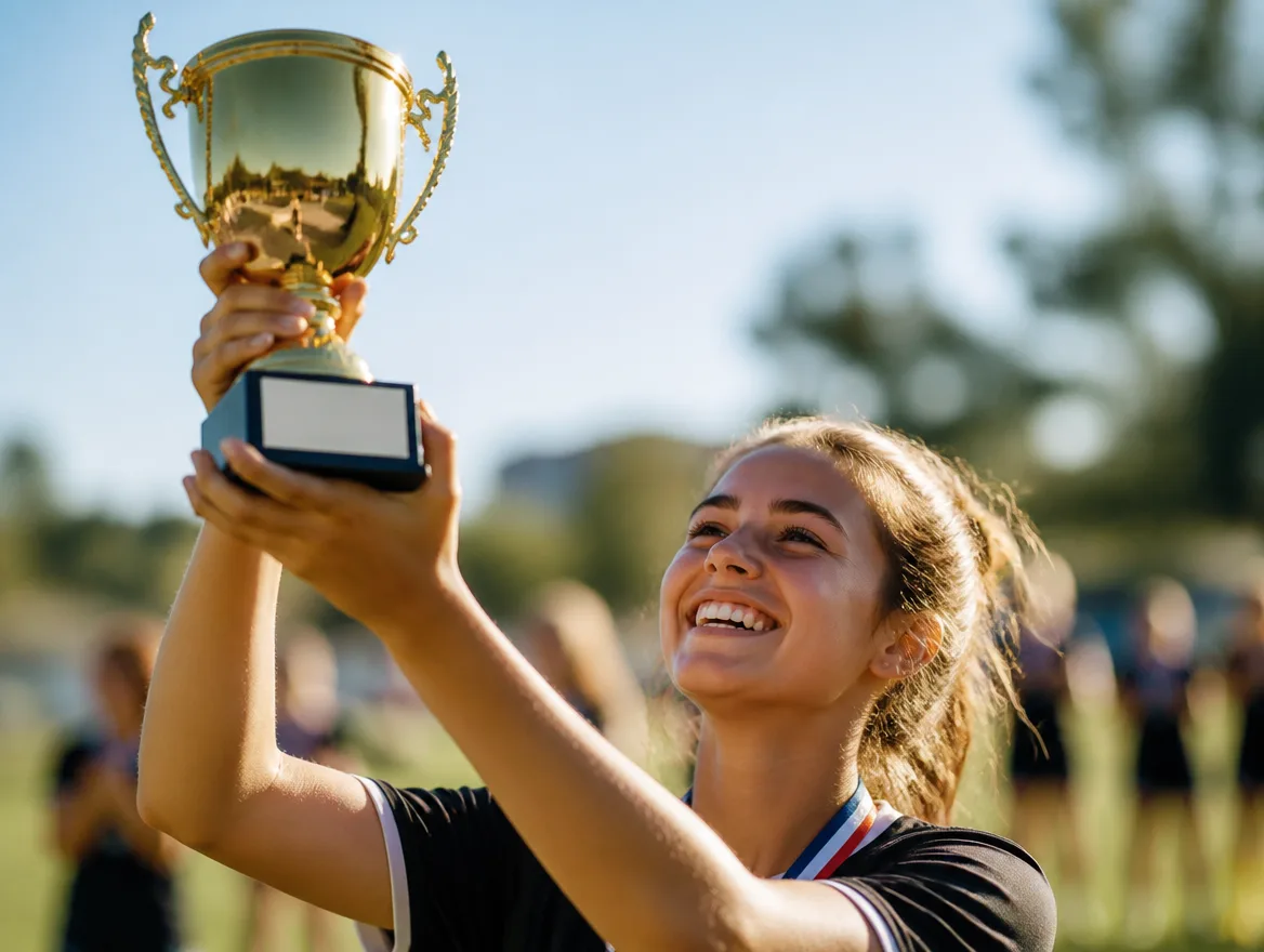 Young athlete holding up a gold custom trophy