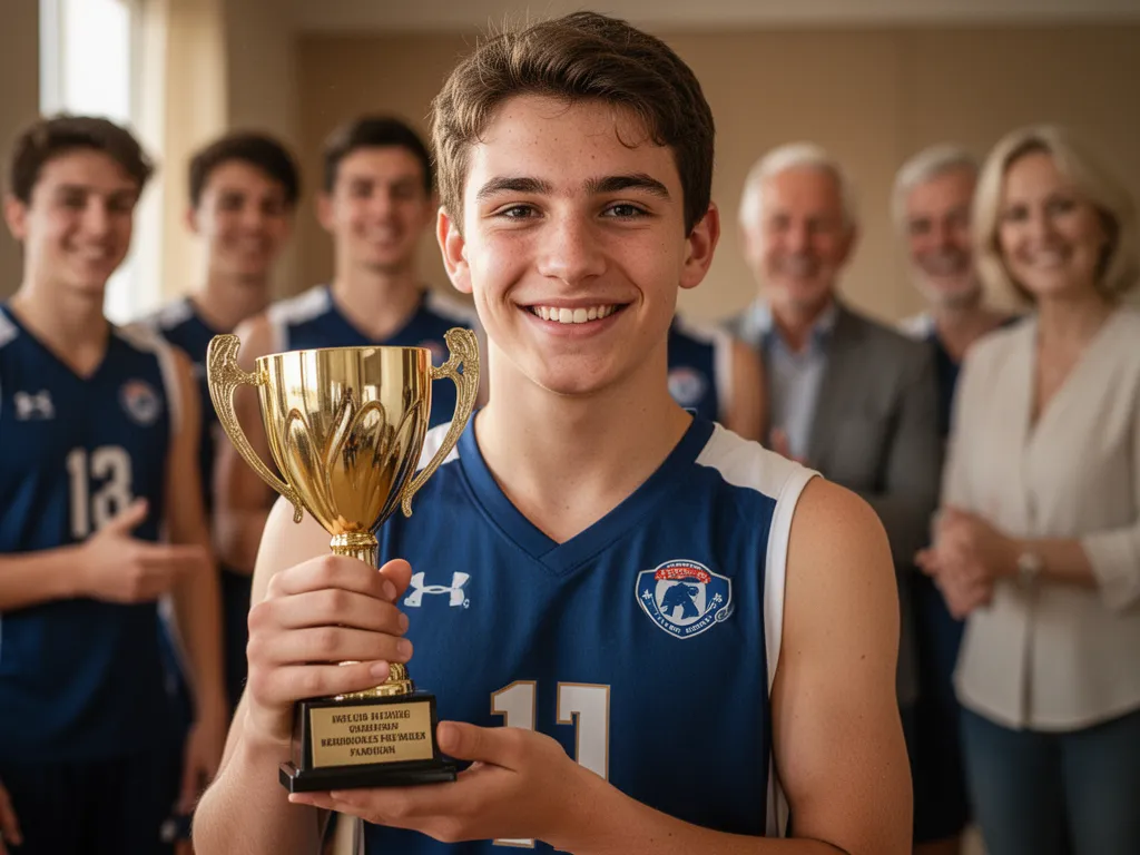 Young athlete proudly displaying custom trophy with celebrating family and teammates visible behind