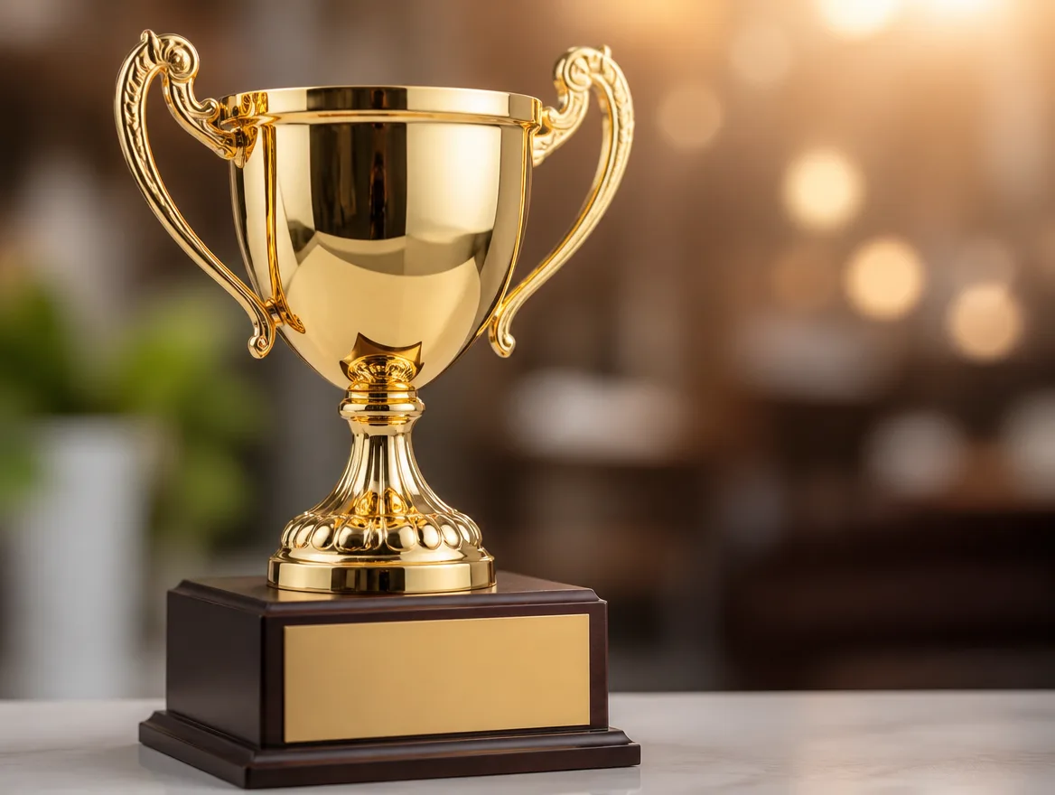 Gold custom trophy close-up with a blank engraving plate
