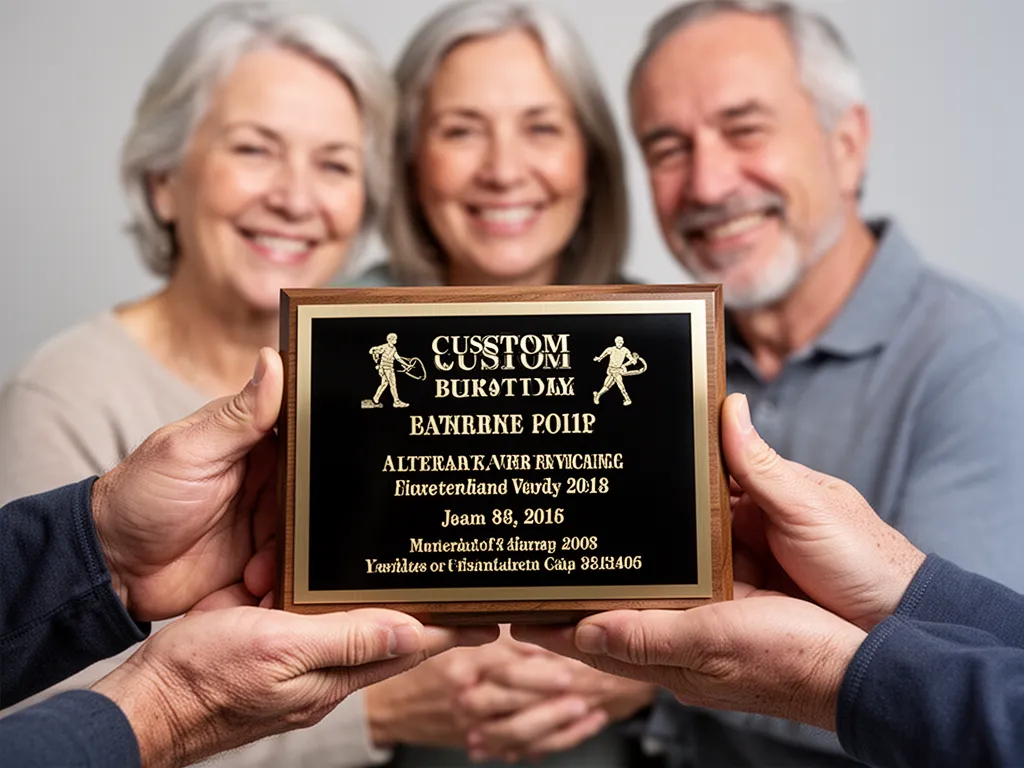 Hands holding engraved custom trophy plate with proud parents celebrating in background