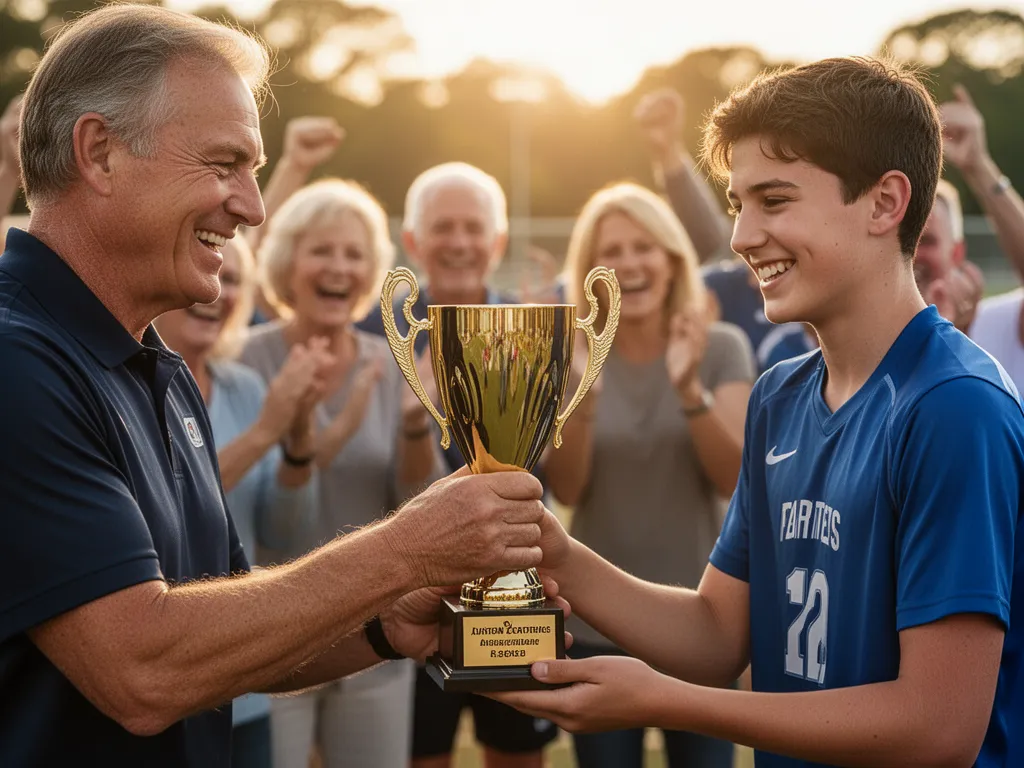 Coach presenting custom trophy to proud young athlete with celebrating family members in background