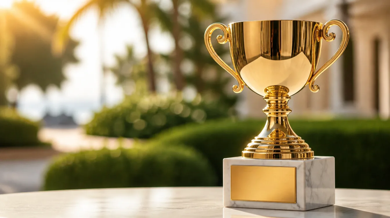 Polished gold custom trophy on display in warm sunlight