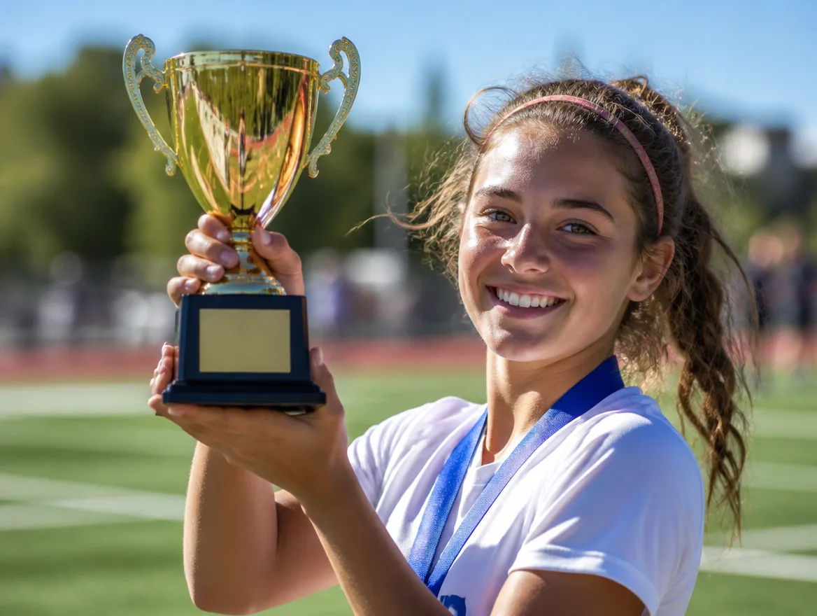 Proud young athlete holding up a shiny gold custom trophy
