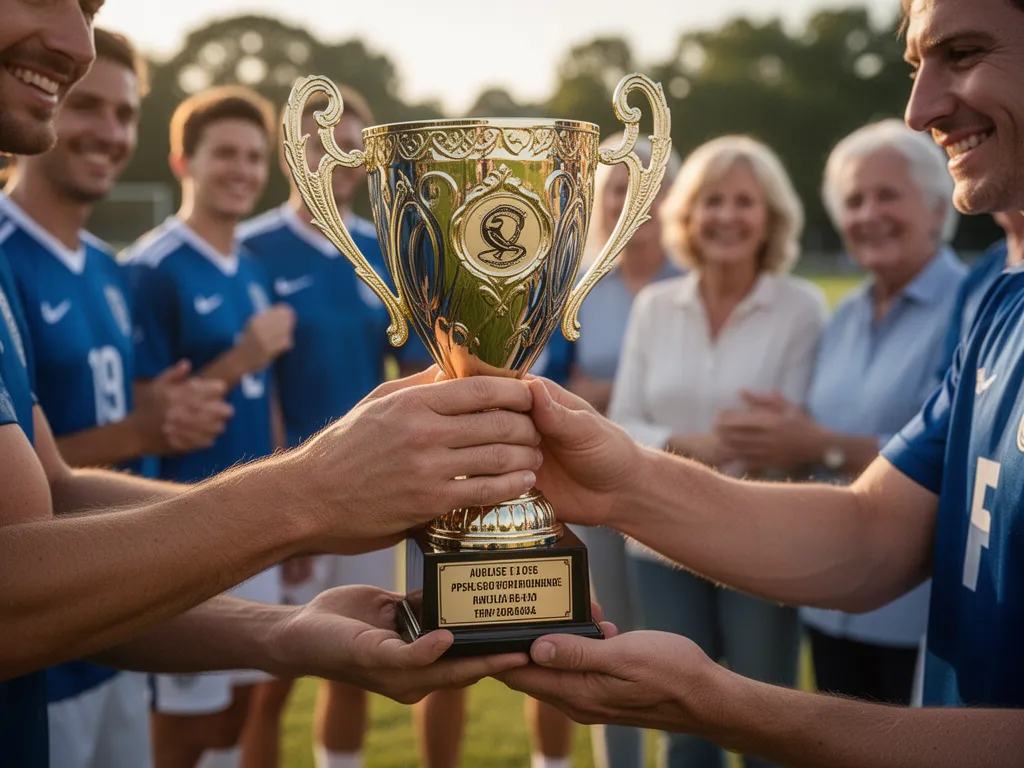 Hands holding custom trophy with smiling team members and family visible in soft-focused background celebrating