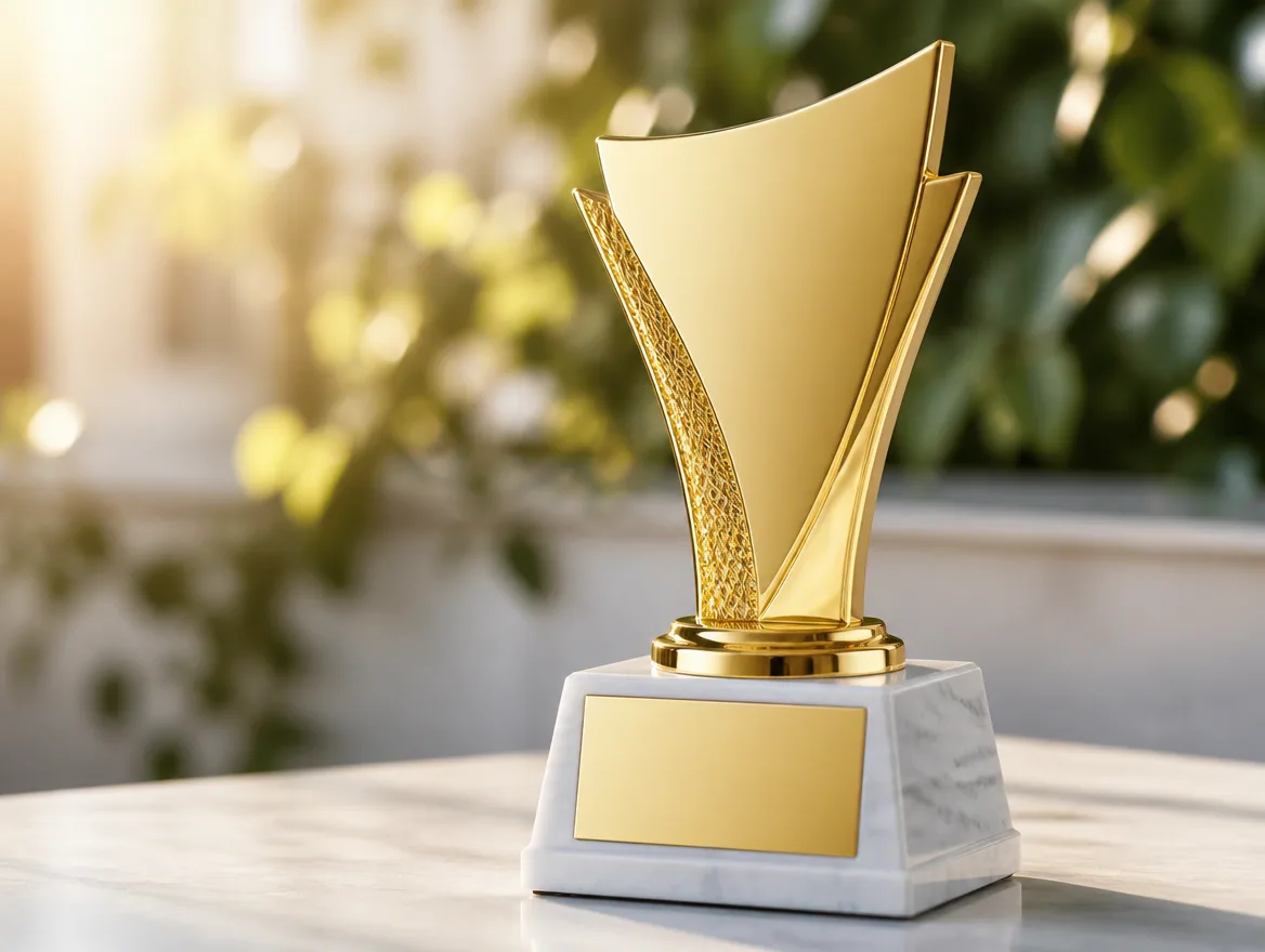 Close-up of a polished gold custom trophy with a blank plate