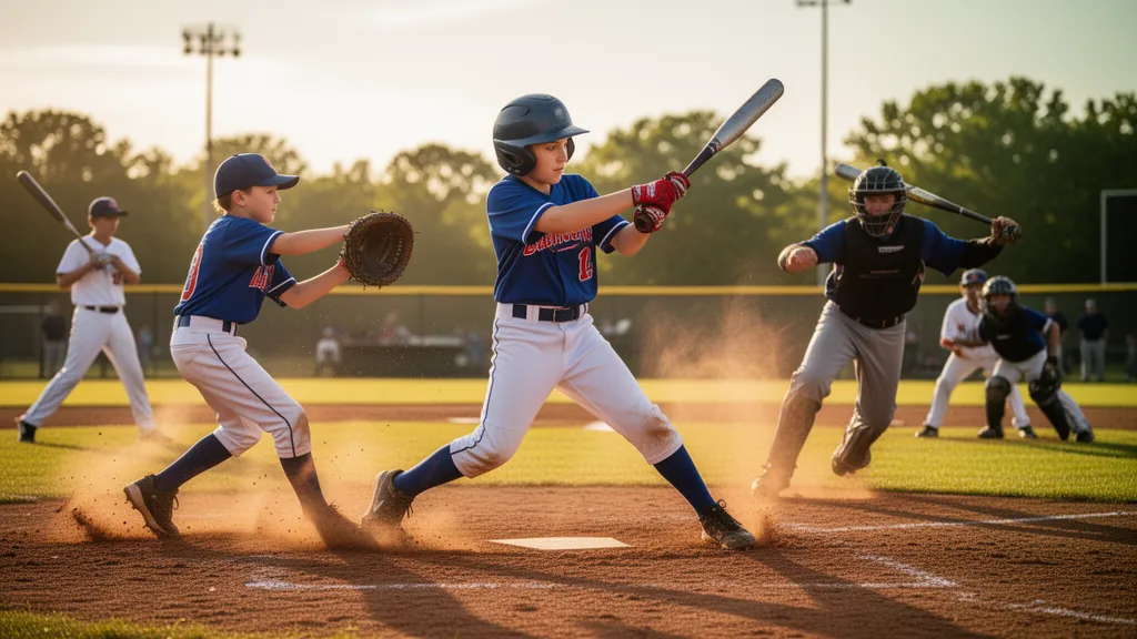 [Young baseball players in action during outdoor game with natural sunlight and motion]