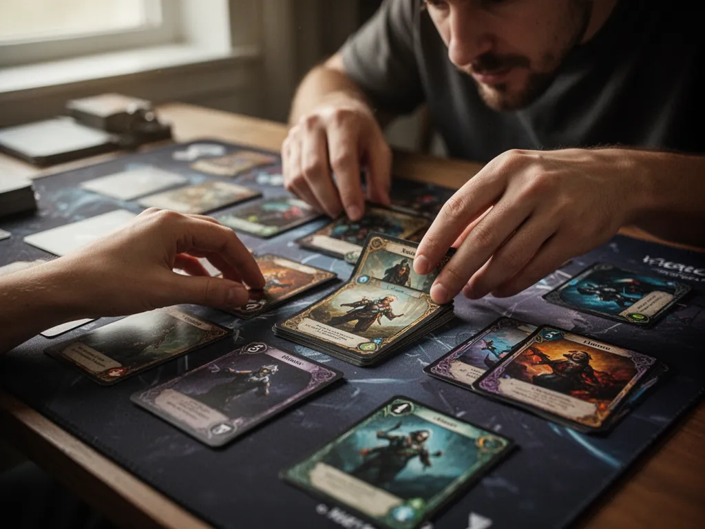 [Player's hands positioning custom cards on mat during strategic gameplay moment]