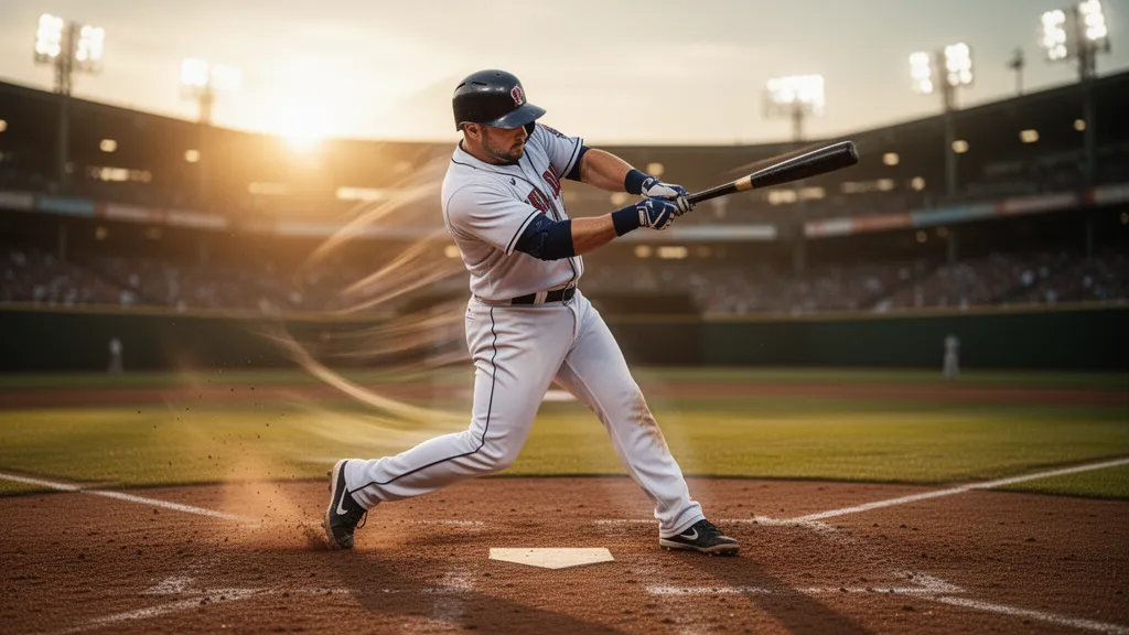 Baseball player swinging bat during game with dynamic motion and natural lighting