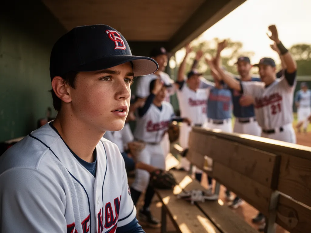 Young player in dugout showing determination with celebrating teammates visible behind