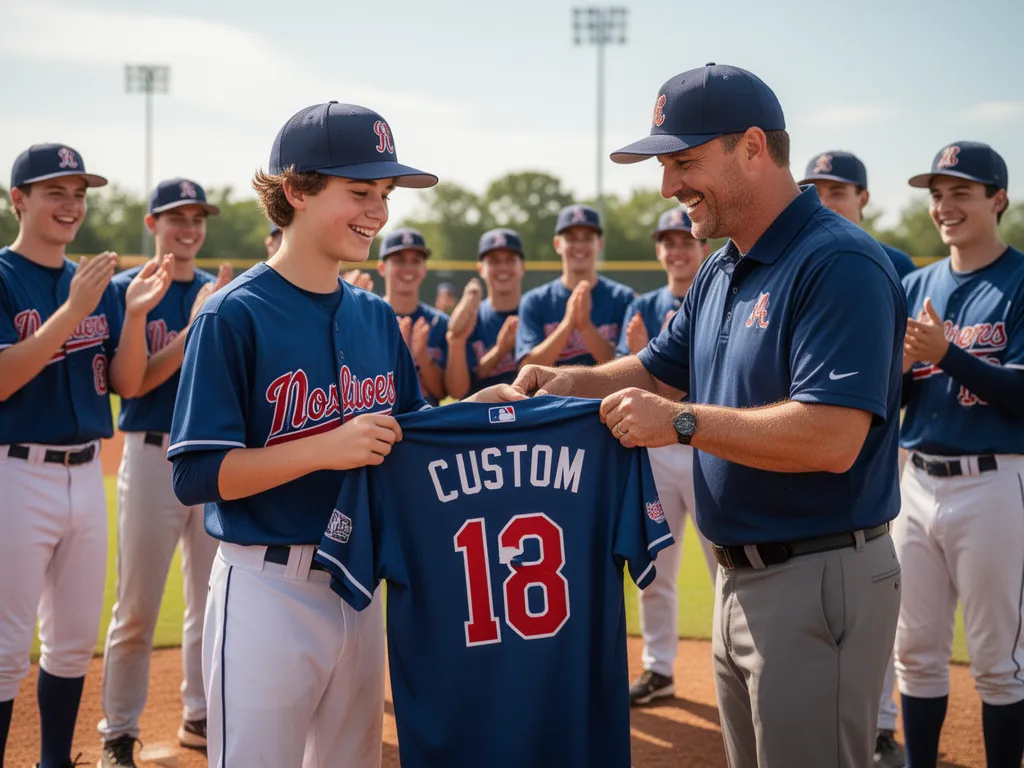 Young player receiving custom personalized baseball jersey with coach and teammates celebrating