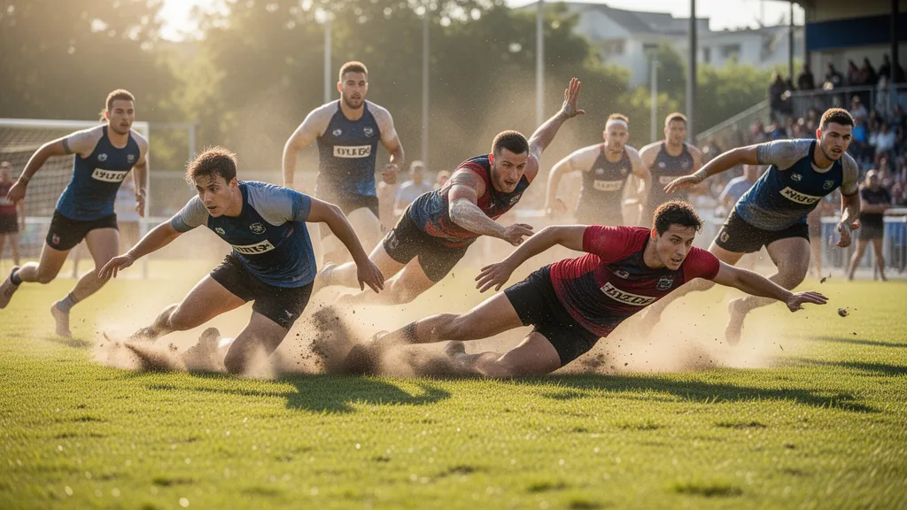 Athletes in motion competing outdoors during an intense sports tournament with natural lighting and dynamic energy