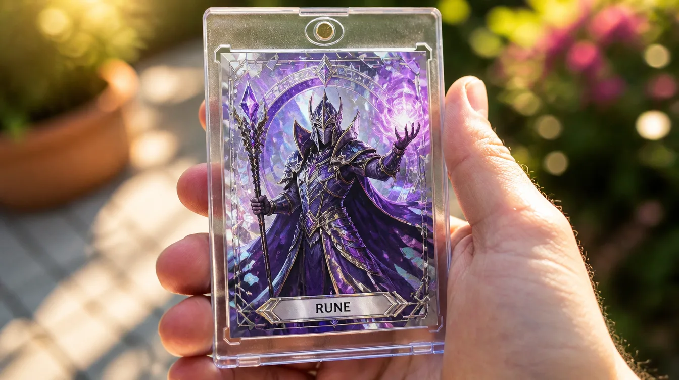 Custom fantasy card for a customizable card game in a magnetic display case