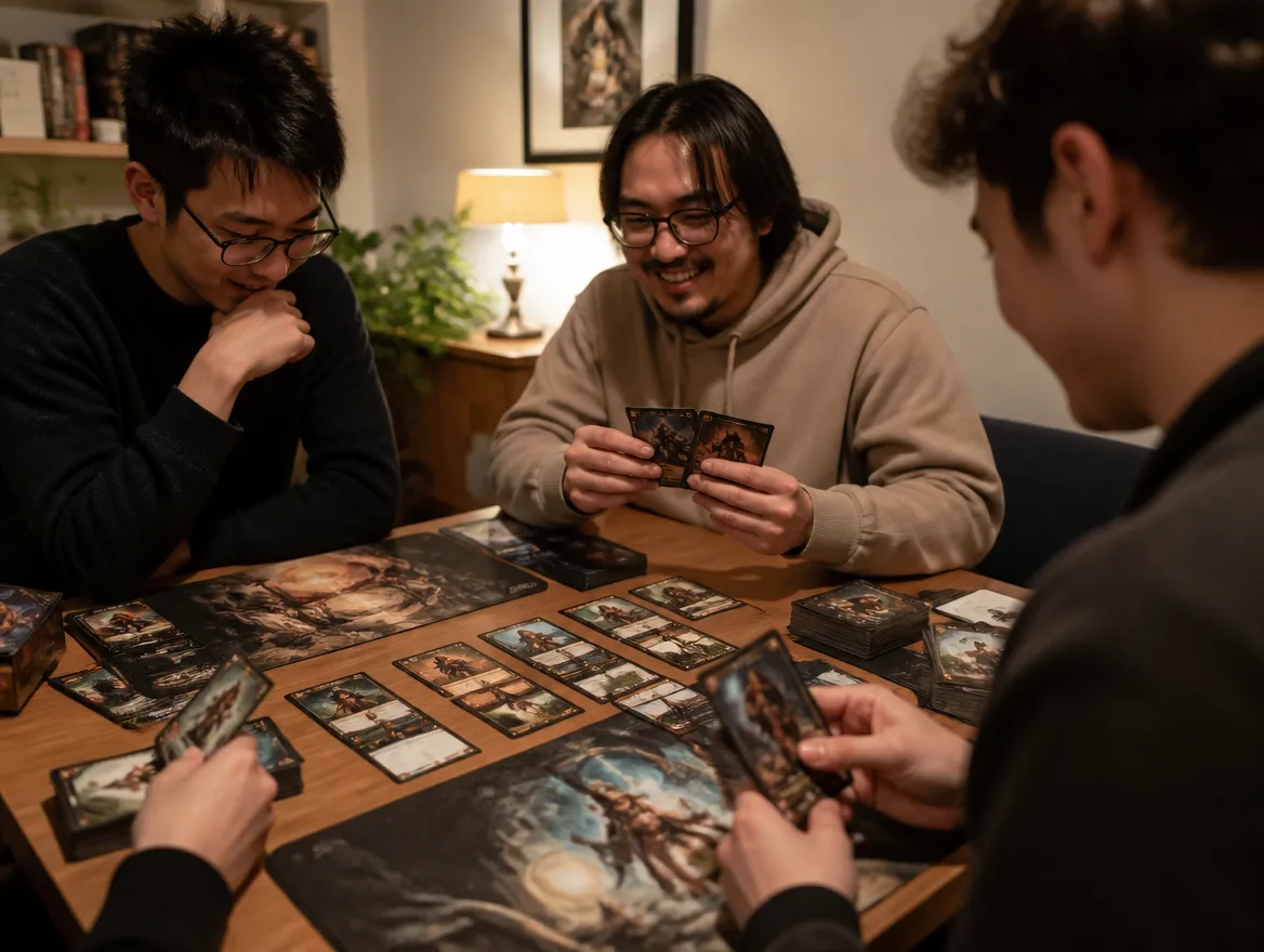 Friends playing a customizable fantasy card game together