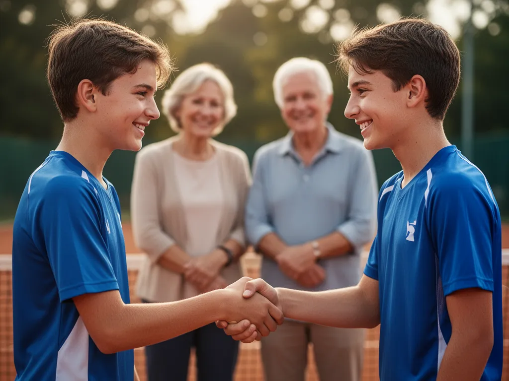 Two young athletes shaking hands after competition with proud parents watching in the background