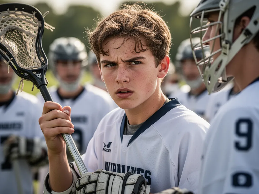 Young lacrosse player portrait showing determination with teammates visible in background