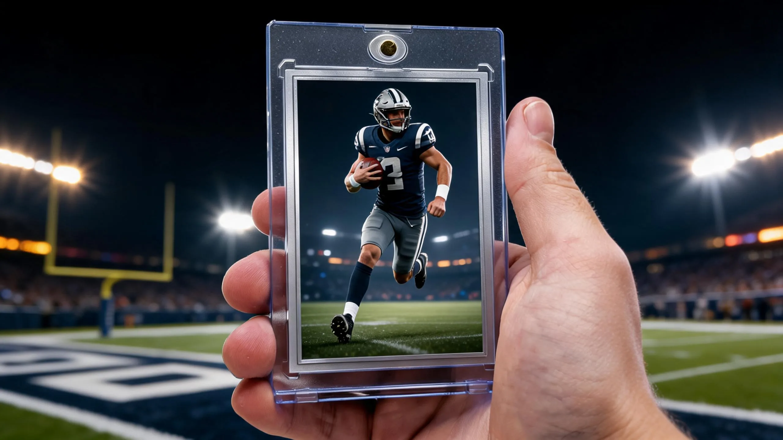 Hand holding customizable football cards in a magnetic case under stadium lights.