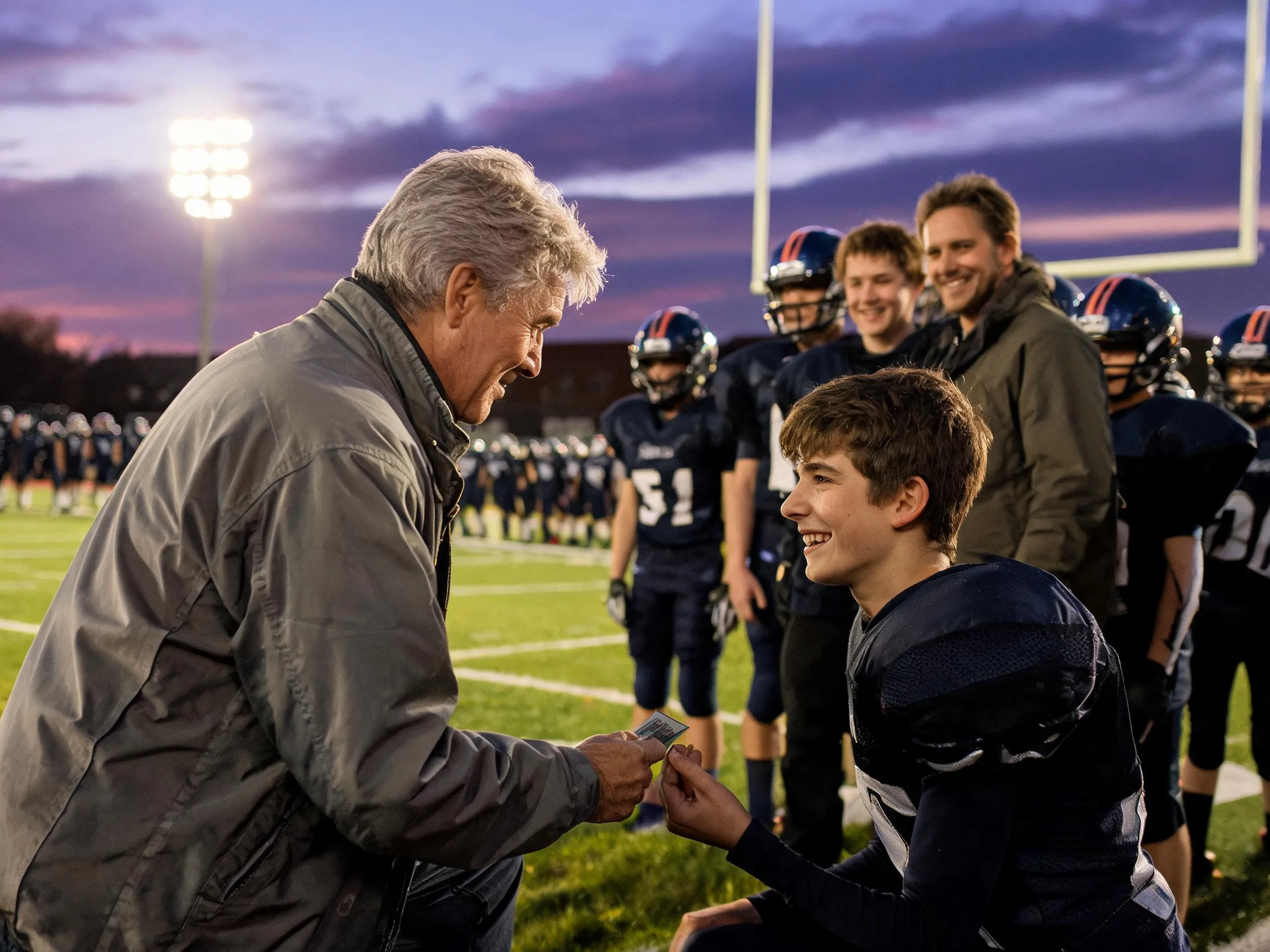 Coach and young football player share a proud moment under Friday night stadium lights.