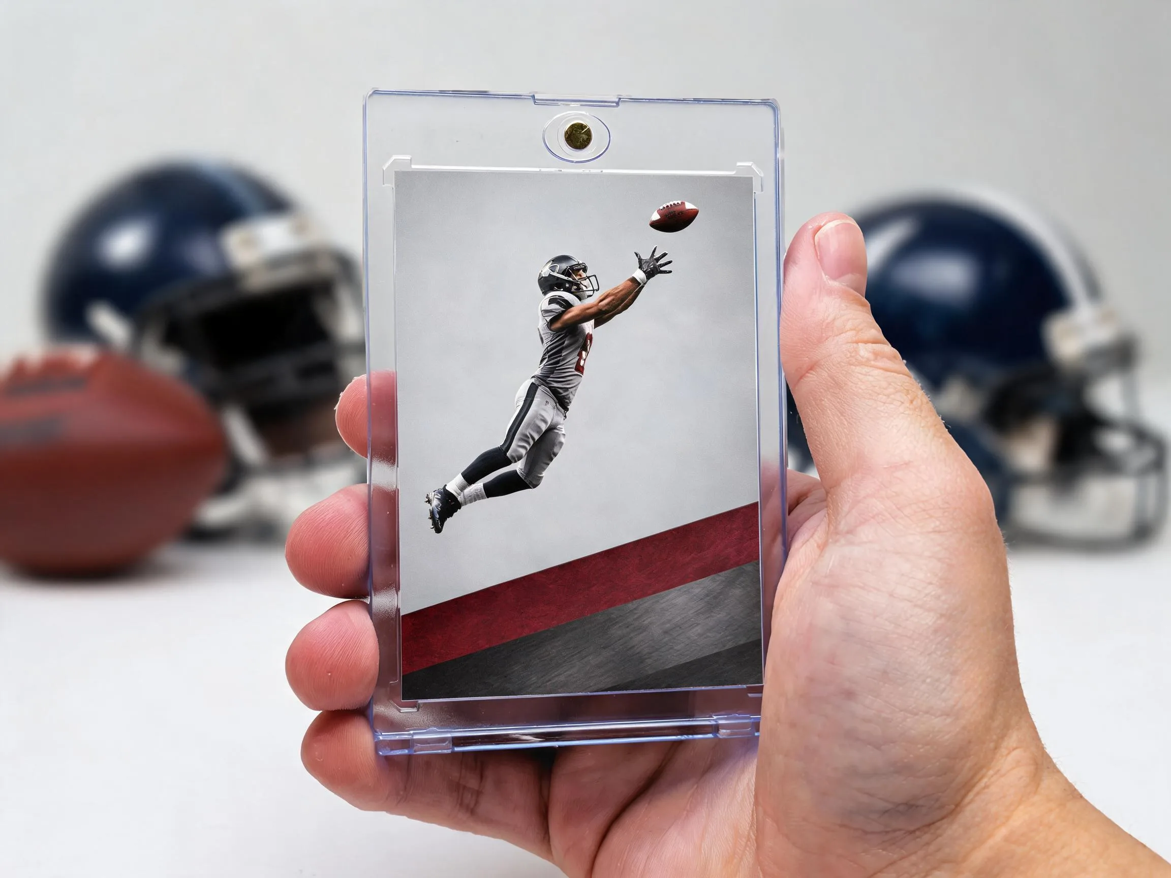Custom football trading card in a magnetic case with a diagonal color band design.