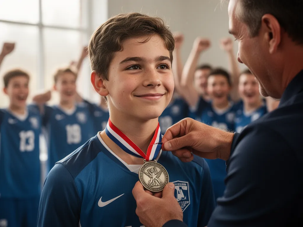 Coach presenting custom medal to proud athlete with celebrating teammates visible in soft-focused background